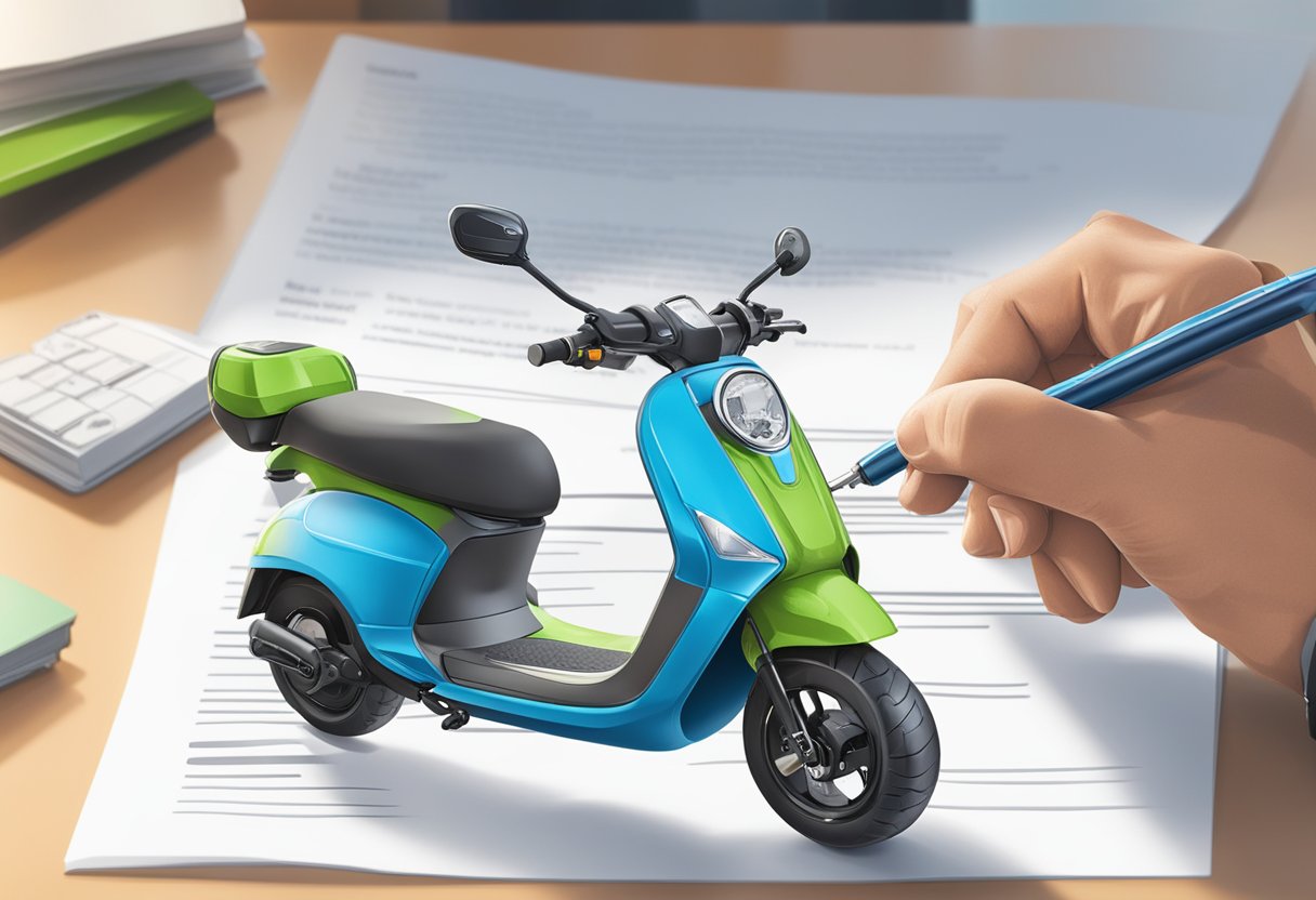 A person signing a contract for E-Scooter insurance with Die Bayerische, with terms and conditions displayed
