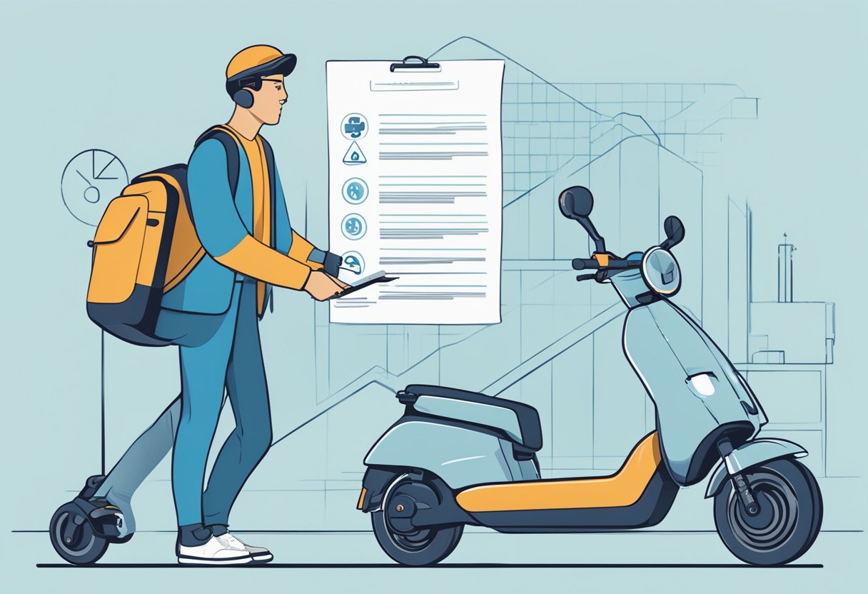 A person inspects an E-Scooter while holding an insurance policy from Die Bayerische, with a checklist of potential risks in the background