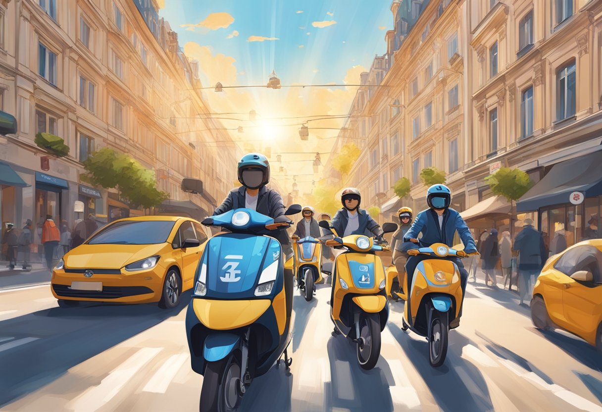 A bustling city street with E-scooters zipping by, each adorned with Die Bayerische insurance stickers. The sun shines overhead, casting a warm glow on the scene