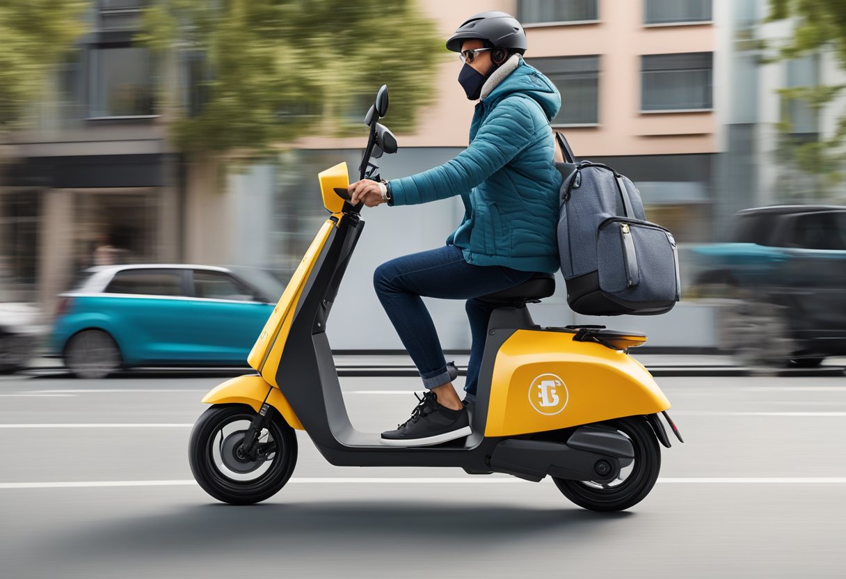 A person riding an E-Scooter with a Die Bayerische insurance sticker prominently displayed on the vehicle