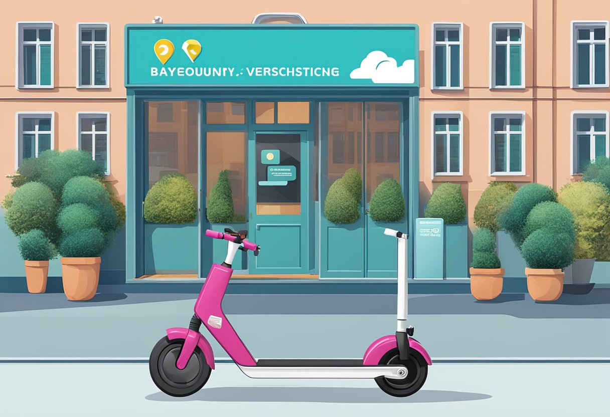 An e-scooter parked next to a sign advertising Die Bayerische's Frequently Asked Questions E-Scooter Versicherung, with a smartphone displaying the insurance app in the background