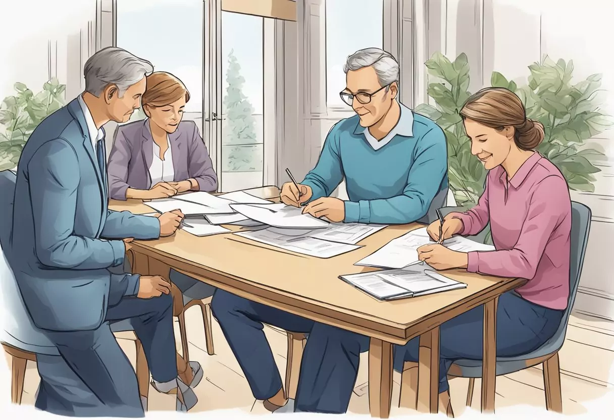 A family sits around a table, signing papers. The Bayerische logo is prominent on the Risikolebensversicherung document
