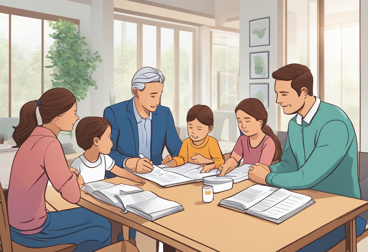 A family sits at a table, discussing a Risikolebensversicherung die Bayerische. A brochure and paperwork are spread out in front of them as they consider the benefits and need for the insurance