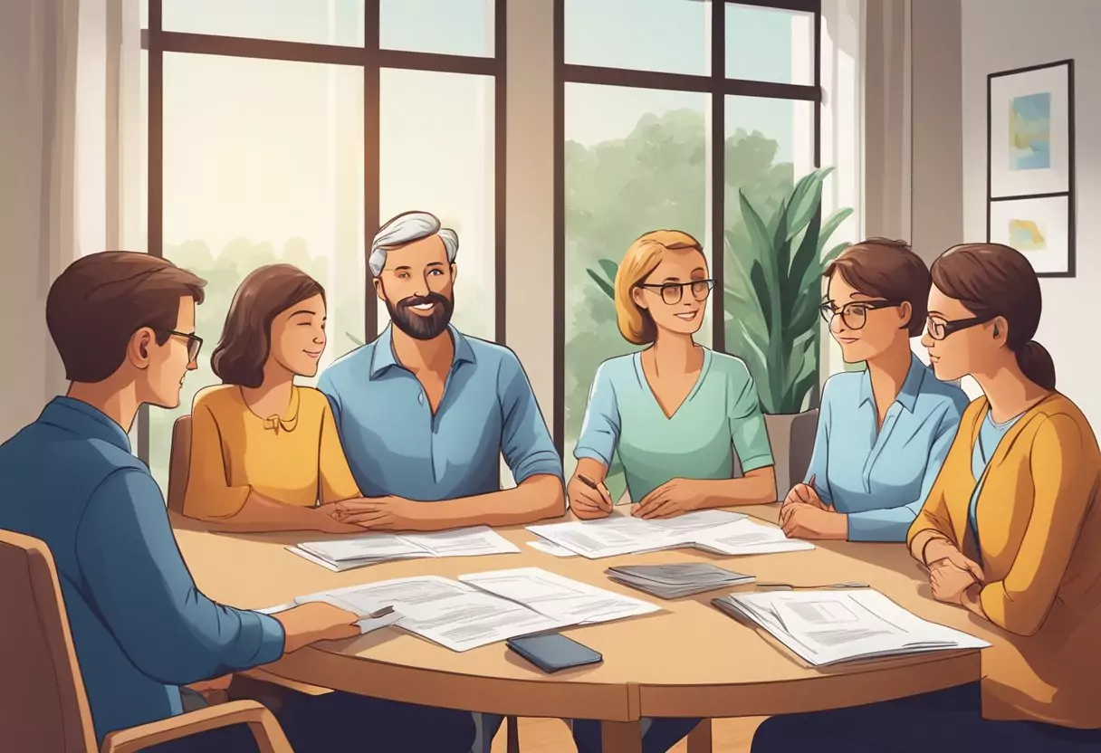 A family sits around a table, discussing life insurance options. A brochure for "Die Nachversicherungsgarantie - Sinnvolle Ergänzung? Risikolebensversicherung die Bayerische" is prominently displayed
