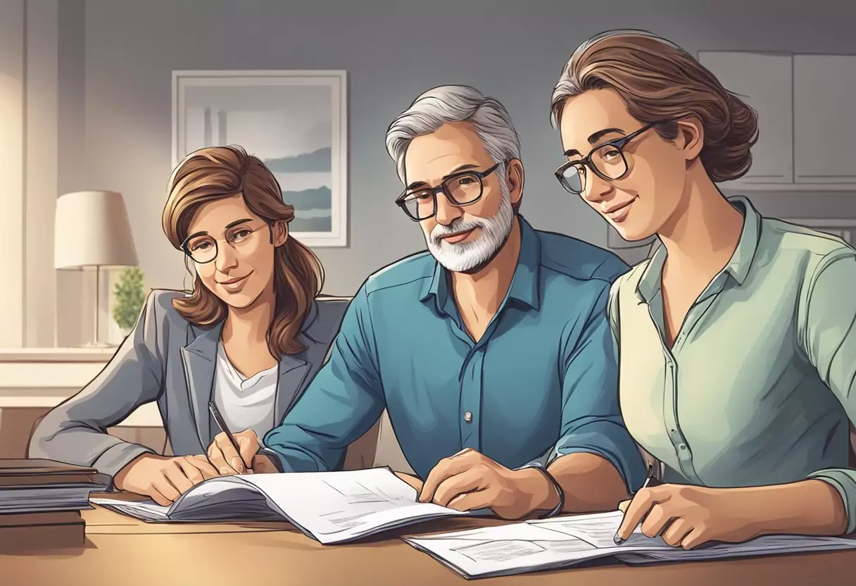 A family sits around a table, reviewing documents from Die Bayerische for their risk life insurance, with a sense of relief and security