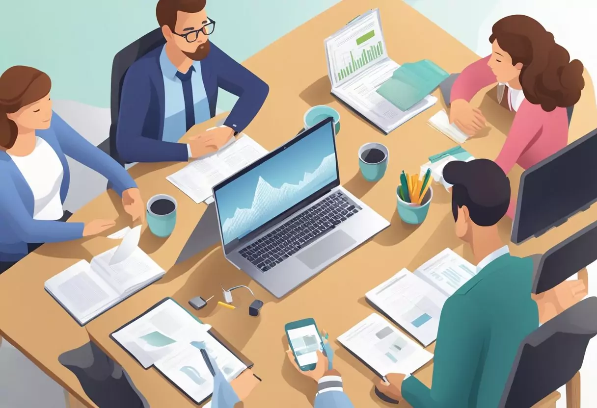 A family sitting around a table, discussing the benefits of Bayerische Risikolebensversicherung. Documents and a laptop are spread out on the table