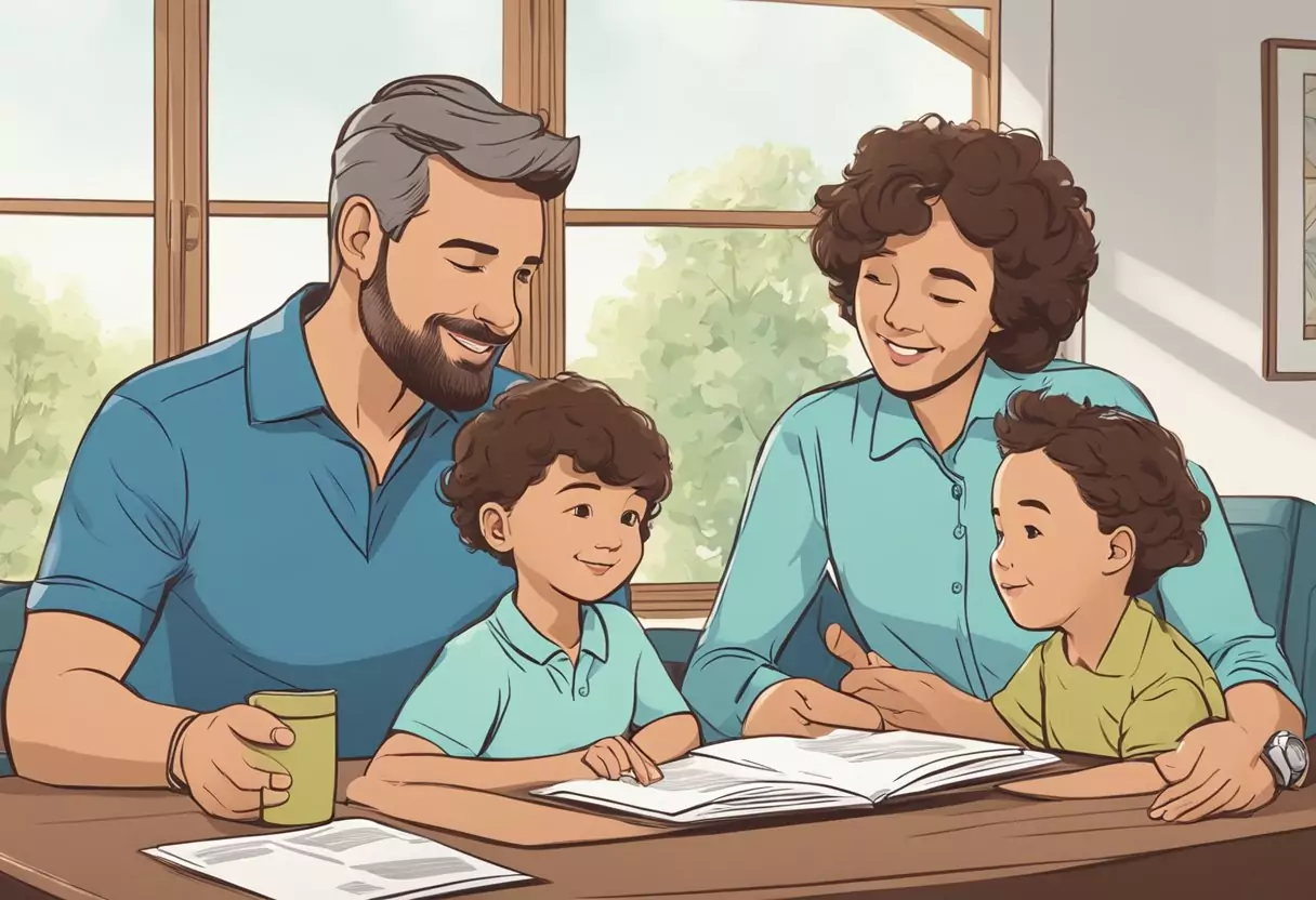 A family sitting around a table, discussing and reviewing the benefits of the Bayerische risk life insurance