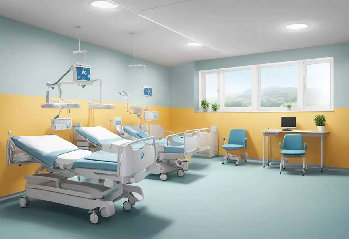 A hospital room with ERGO Krankenhauszusatzversicherung logo on the wall