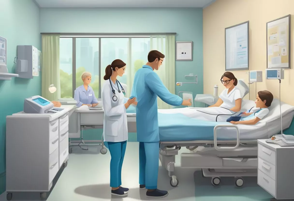 A hospital room with a Barmenia insurance card on the bedside table, a nurse checking vital signs, and a doctor discussing coverage options with a patient's family