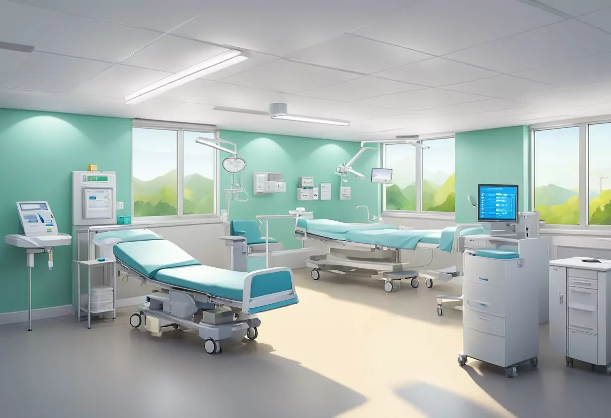 A hospital room with Barmenia's no-wait hospital supplemental insurance displayed prominently. Bright, clean, and welcoming atmosphere with modern medical equipment