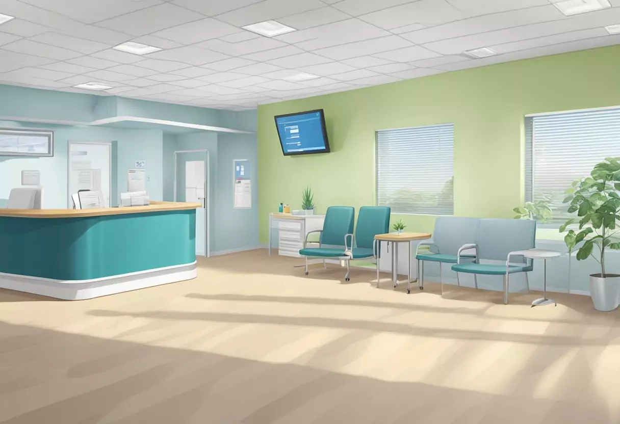 A hospital with a Barmenia sign, empty waiting room, and a reception desk with a "Frequently Asked Questions" pamphlet on Krankenhauszusatzversicherung ohne Wartezeit