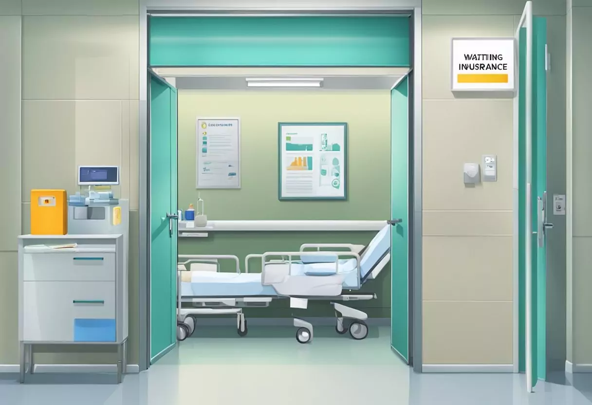 A hospital room with a Barmenia no-waiting-time insurance sign on the door