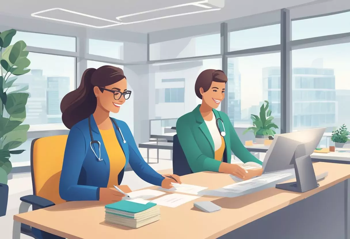 A person purchasing Barmenia's no-wait hospital supplement insurance at a desk in a bright, modern office with a friendly agent