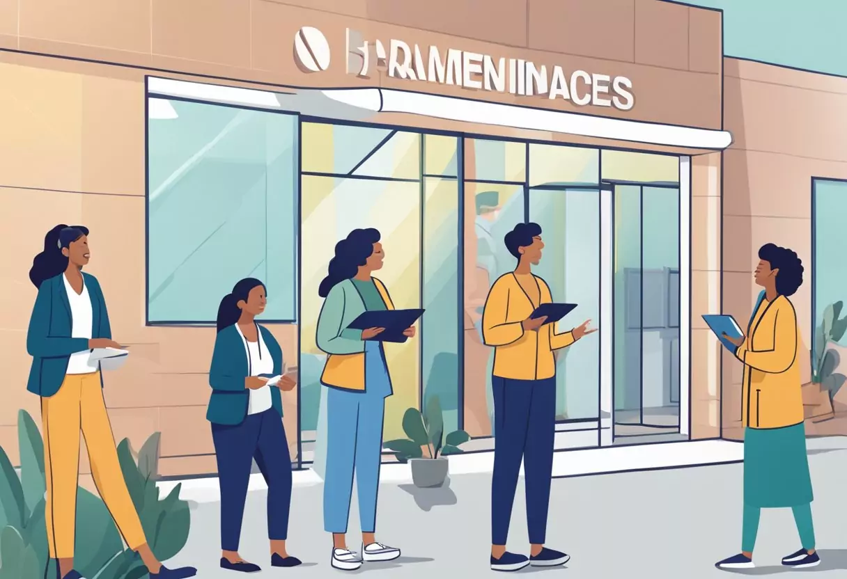 Customers reviewing Barmenia's no-wait hospital supplement insurance. Positive experiences and ratings. Illustrate a diverse group of customers leaving feedback online or in person