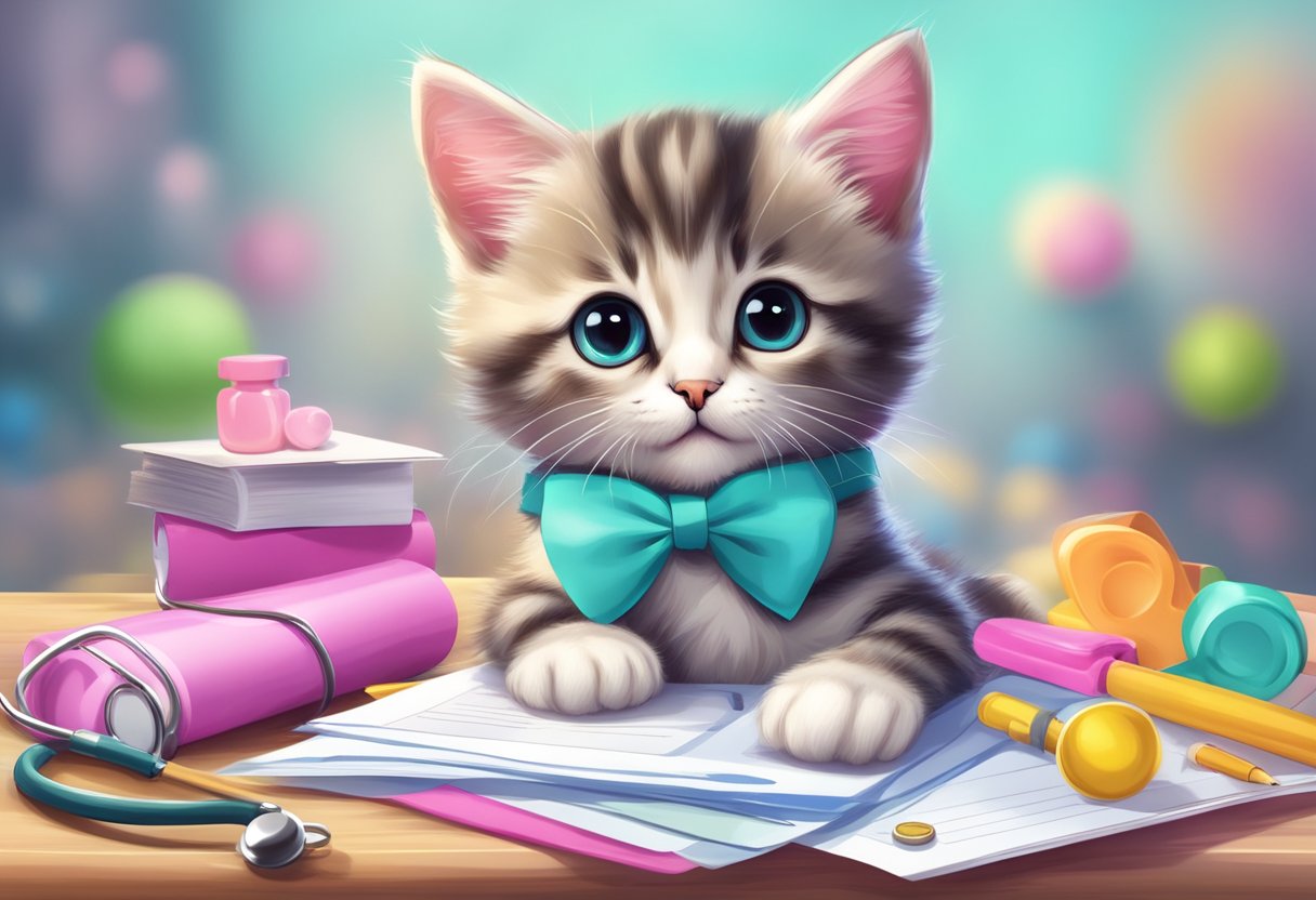A playful kitten with a pink bow sits on a pile of colorful pet insurance paperwork, with a stethoscope and medical supplies nearby