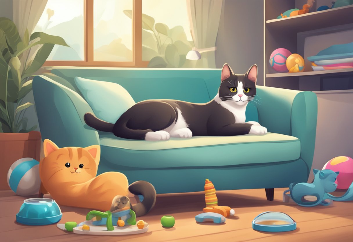 A cat lying comfortably on a cozy bed, surrounded by toys and a water bowl, with a veterinarian's office sign in the background