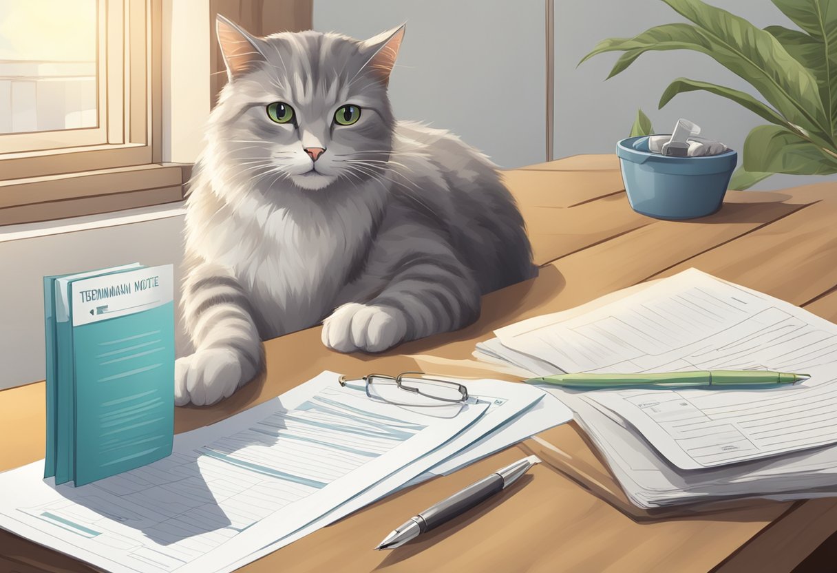The scene depicts a contract with the title "Termination notice and modalities of the Dalma Cat Health Insurance"