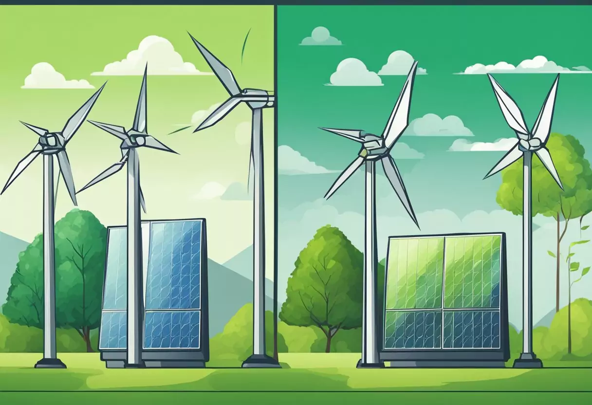 A bright, green energy source (Ökostrom) stands opposite a dark, traditional energy source (Conventional) with arrows pointing to their respective advantages and disadvantages