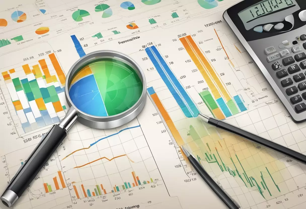 A table with various electric power rate charts and a magnifying glass comparing them