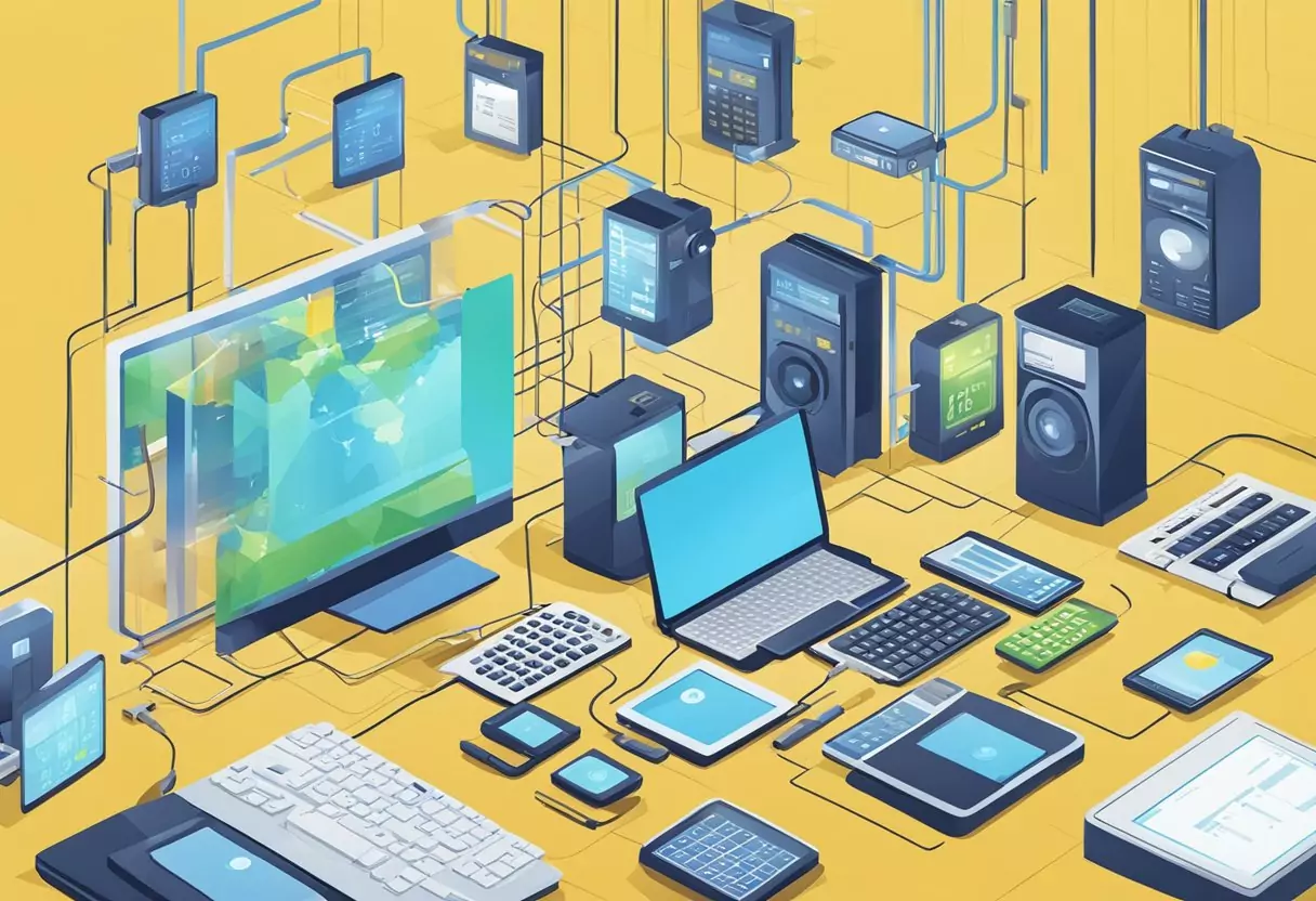 A person comparing electricity rates online, surrounded by various electronic devices and a calculator