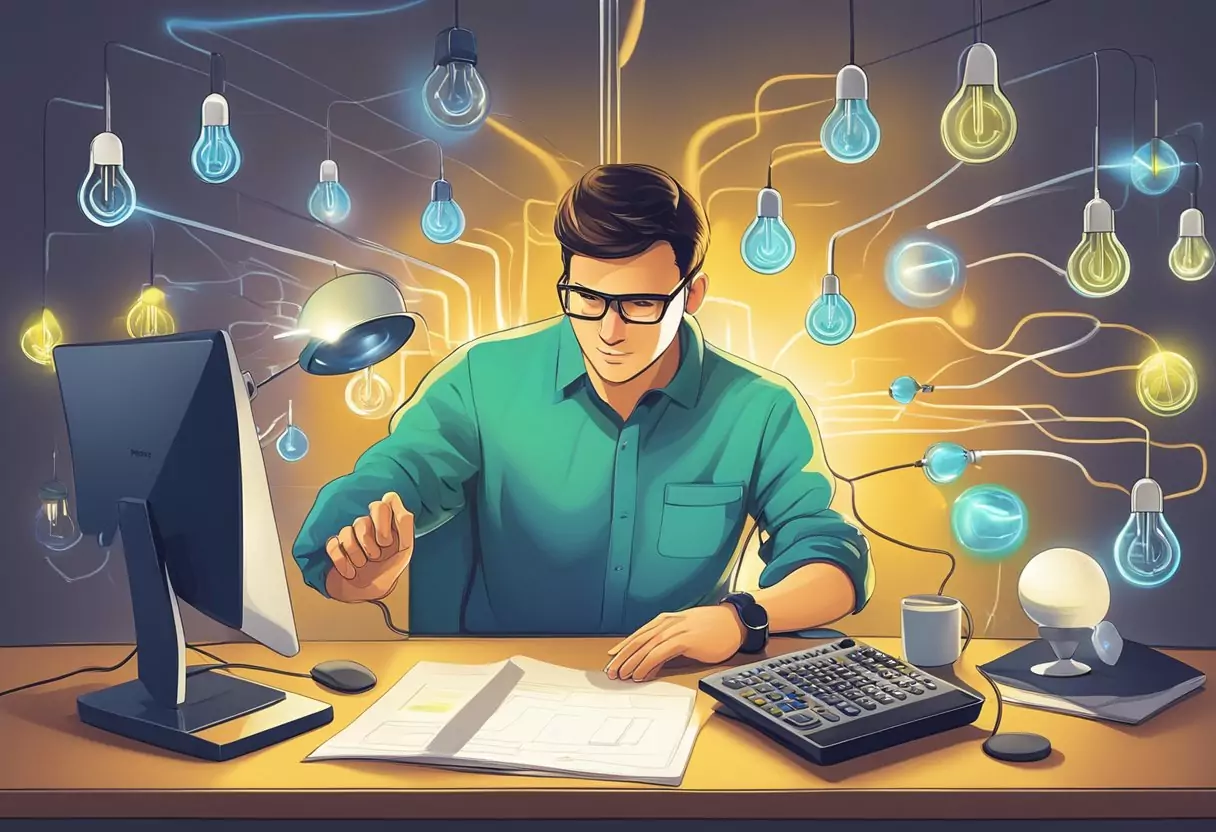 A person comparing electricity providers on a computer, surrounded by energy-saving light bulbs and a calculator