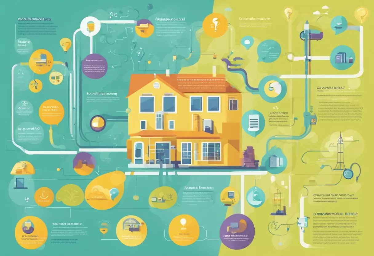 A colorful infographic with various electricity symbols and text bubbles of common questions about comparing energy providers