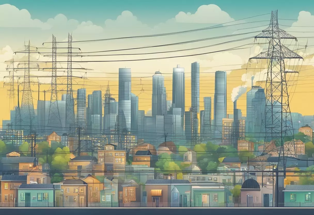A city skyline with various types of buildings and infrastructure, including power lines and substations, showcasing regional differences in electricity usage and comparison