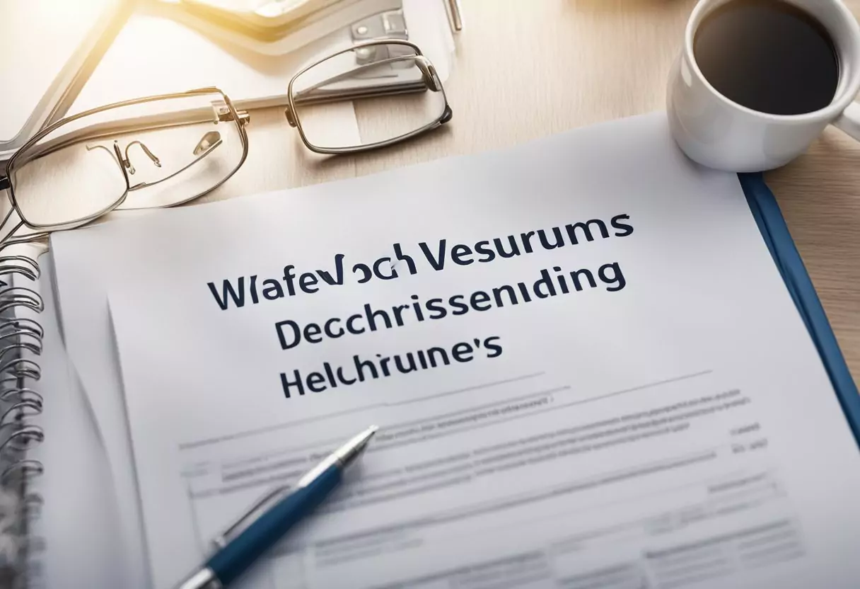 The insurance policy document is laid out on a desk, with a pen next to it. The text "Wie hoch sind die Versicherungssummen und Deckungsgrenzen? Private Haftpflicht­versicherung von Helvet