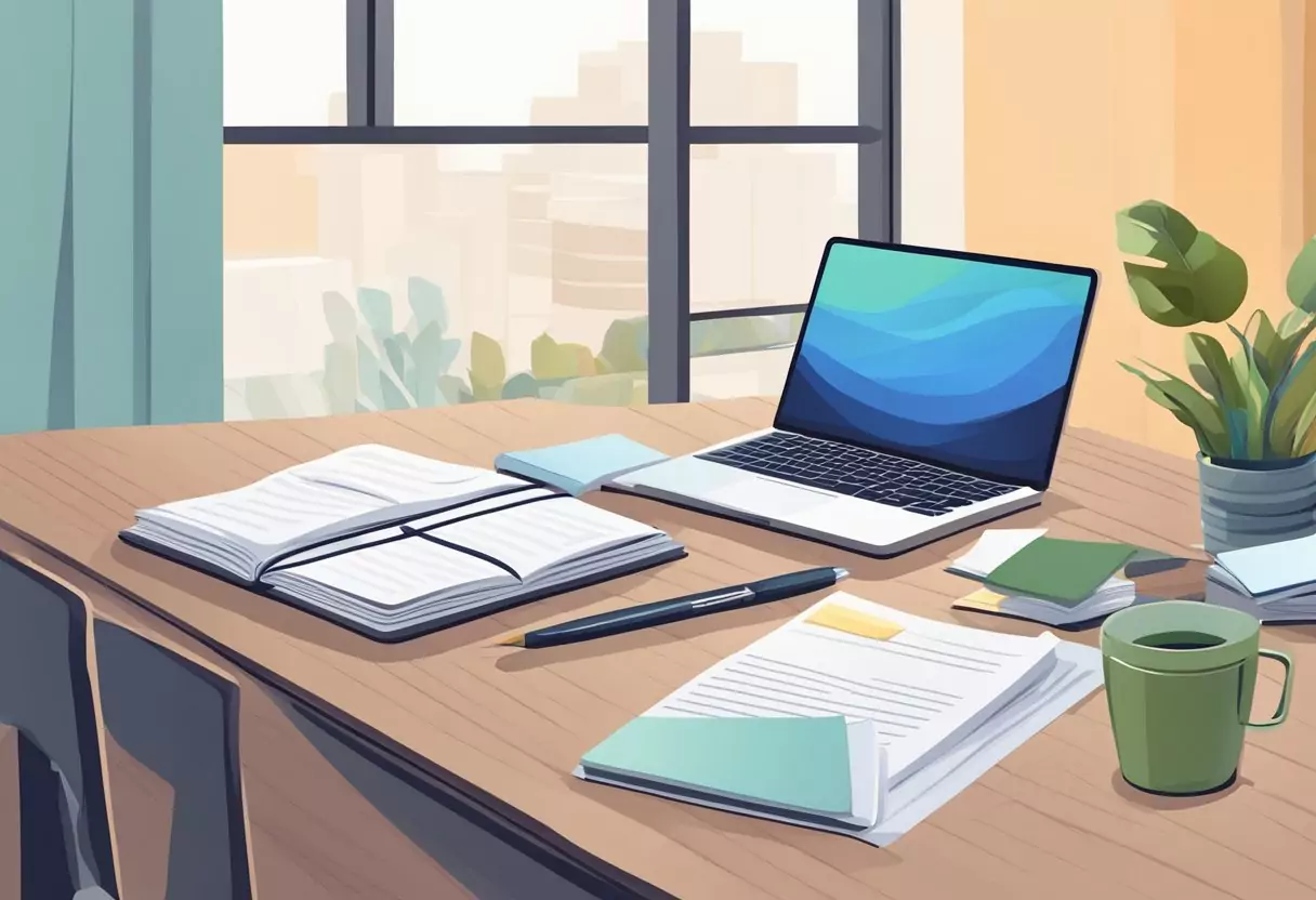 A table with a laptop, papers, and a pen. A person's hand reaching for a document. A stack of books on the side