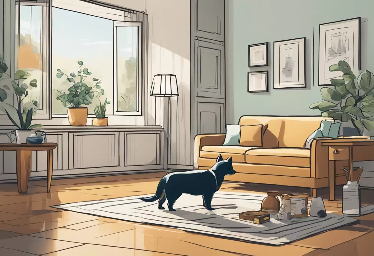 A living room with a broken vase on the floor and a guilty-looking pet nearby. A Helvetia private liability insurance brochure is visible on the coffee table