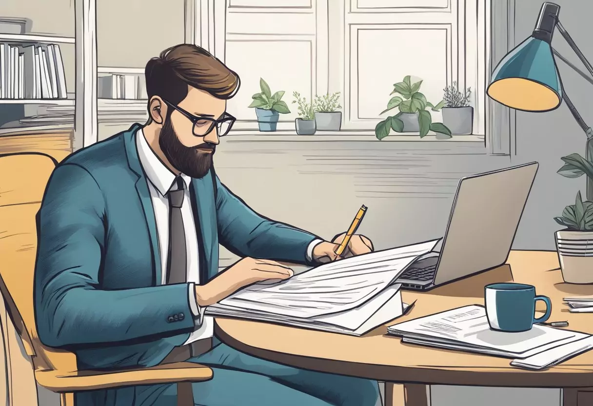 A table with a laptop, pen, and paper. A person reading a document with the title "Bewertungen und Erfahrungsberichte Private Haftpflicht­versicherung von Helvetia" on it