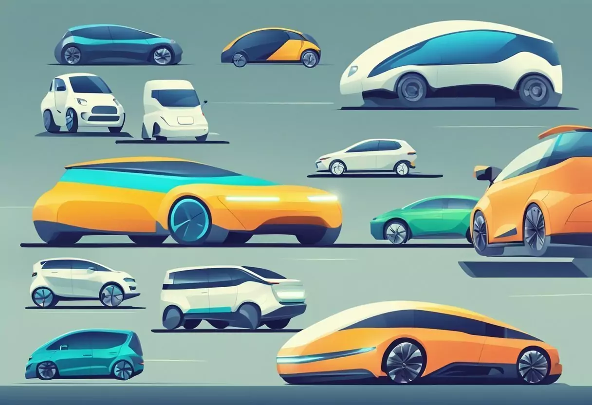 An electric car insurance comparison scene with multiple cars and insurance logos displayed on a digital screen