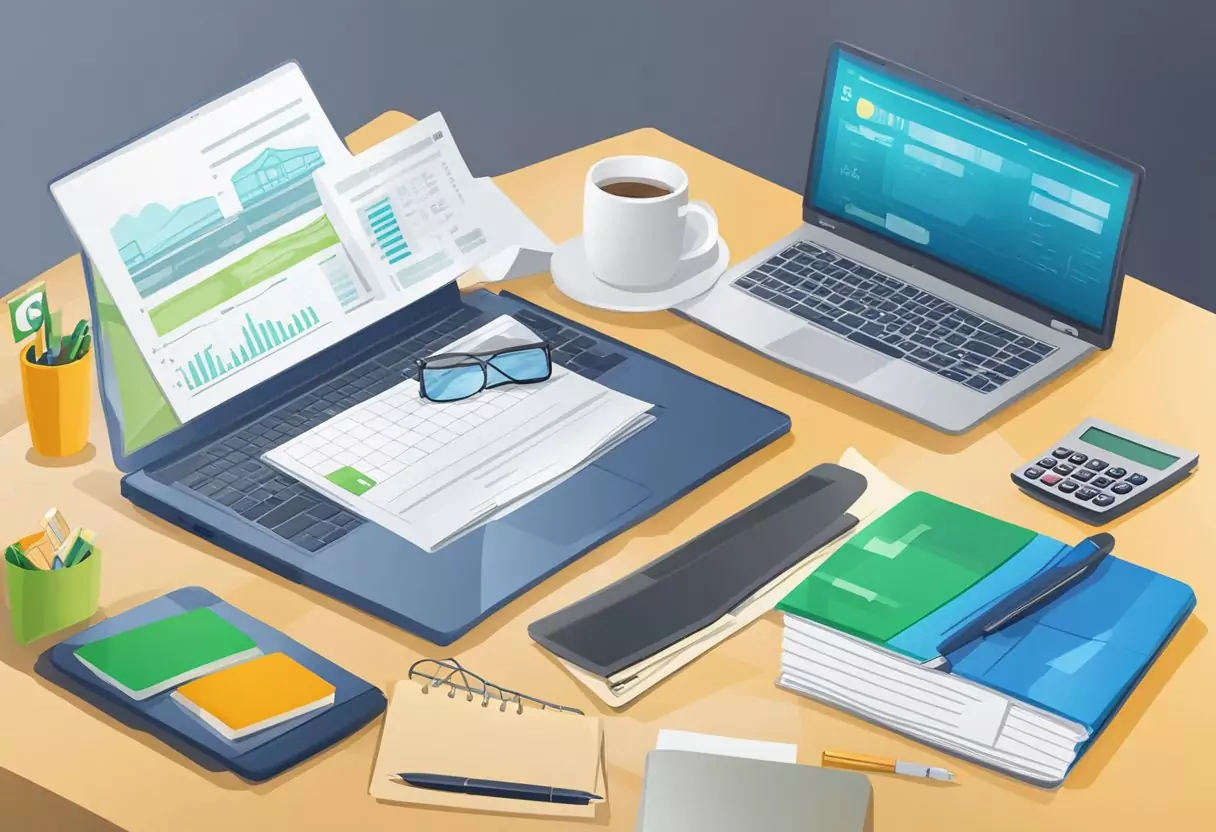 A table with a laptop, paperwork, and a calculator. A chart showing different E-car insurance options