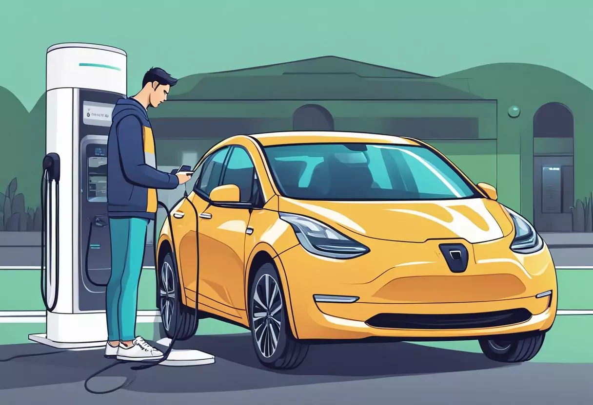 An electric car parked next to a charging station, with a person comparing insurance rates on a mobile device
