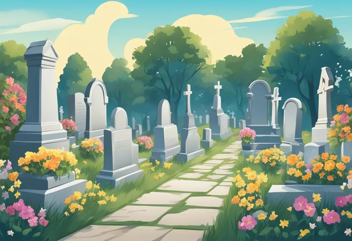 A peaceful cemetery with a variety of headstones and flowers, under a clear blue sky