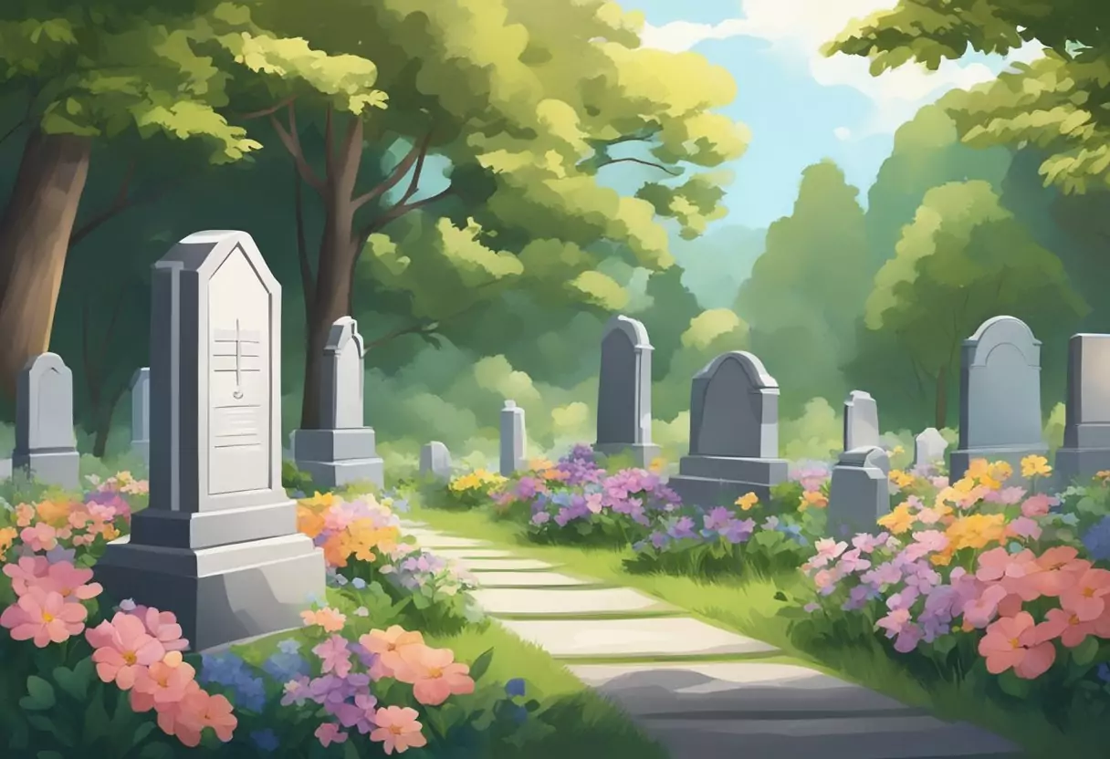 A peaceful cemetery with a gravestone and flowers, surrounded by trees and a gentle breeze