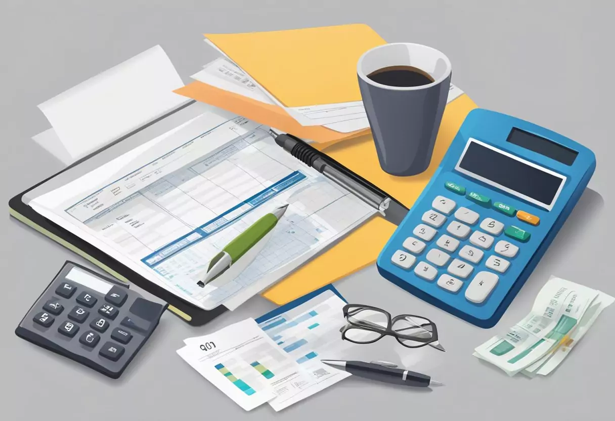 A table with various insurance brochures, a calculator, and a pen. A computer screen showing different Sterbegeldversicherung costs