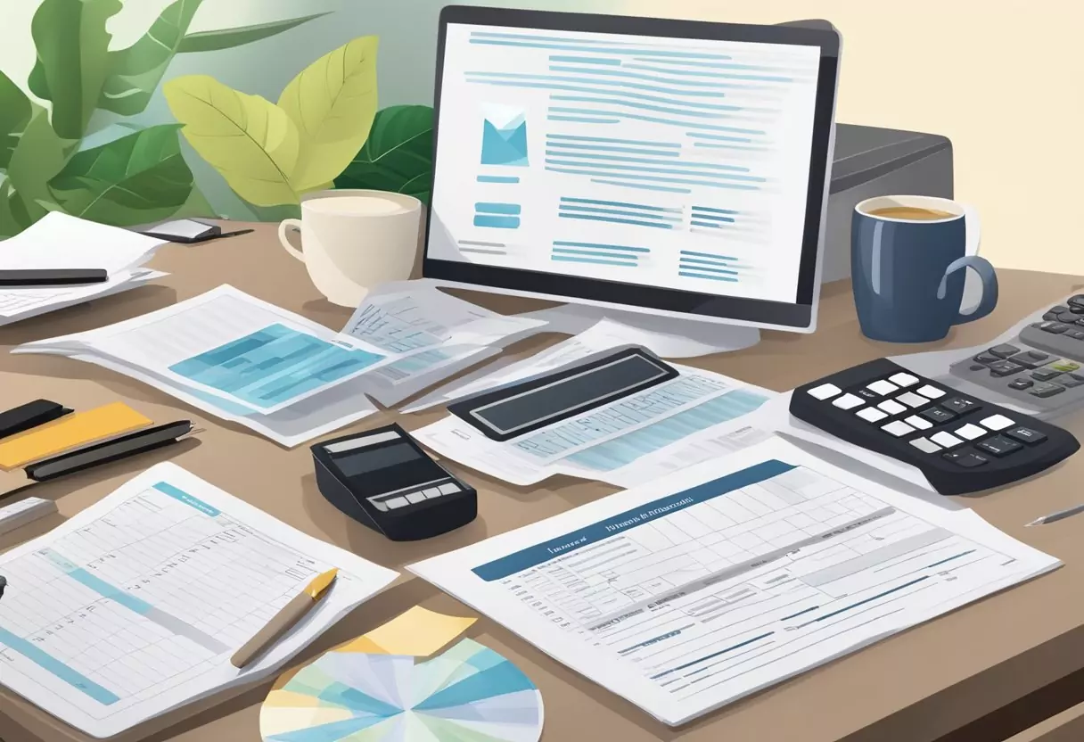 A table with various insurance documents spread out, a calculator, and a pen. A computer screen displaying a comparison of funeral insurance options
