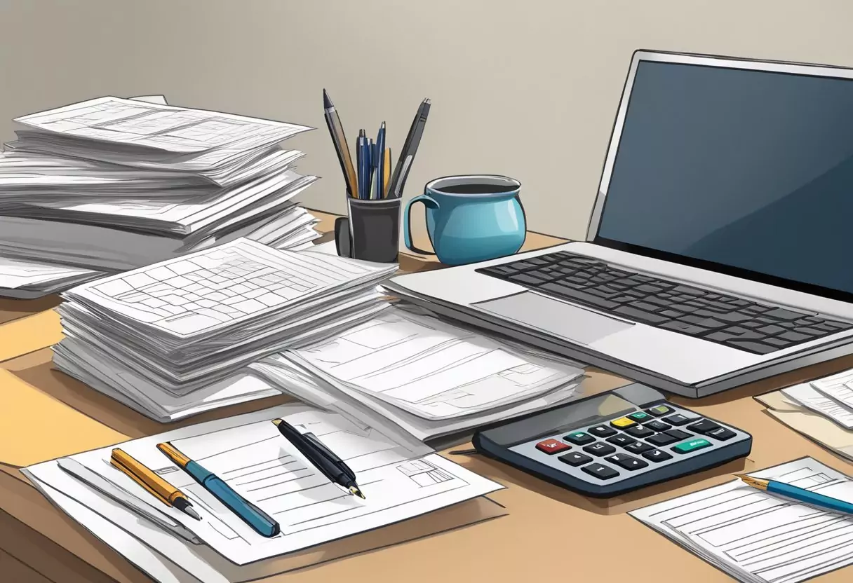 A table with a laptop, paperwork, and a calculator. A pen is poised over a document, with a stack of papers nearby