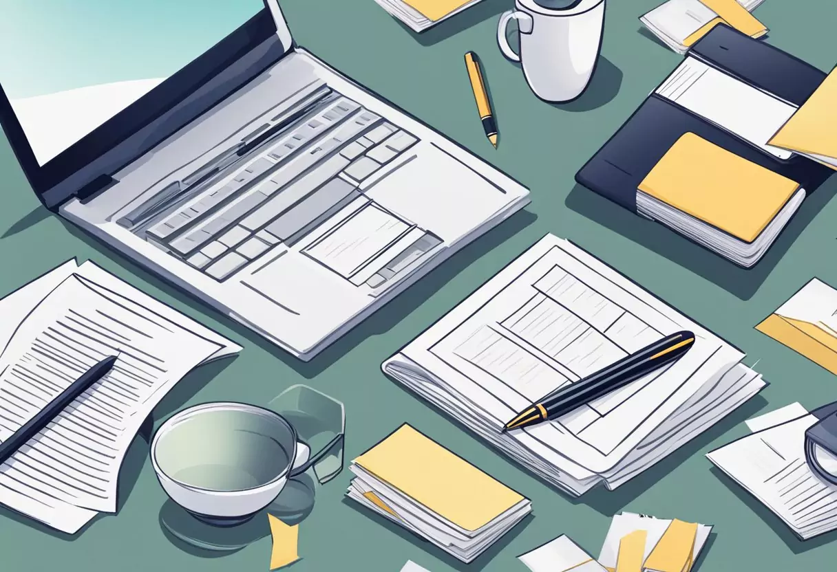 A table with a laptop, papers, and a pen. A stack of insurance brochures. A person comparing different funeral insurance options