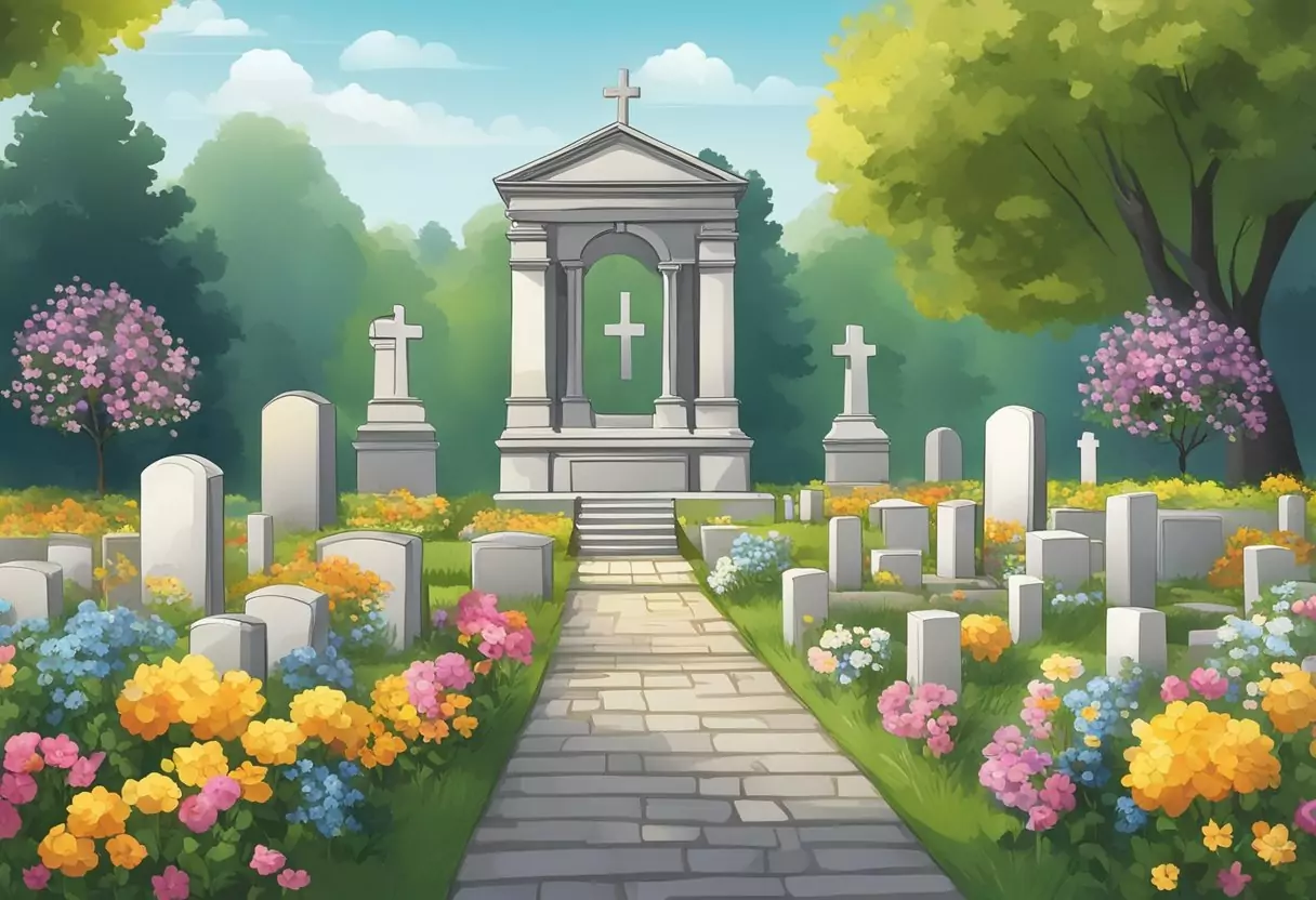 A peaceful cemetery with colorful flowers and a serene atmosphere, with a tombstone inscribed with "Sterbegeldversicherung: Die wichtigsten Leistungsmerkmale Sterbegeldversicherung Vergleich" in the foreground