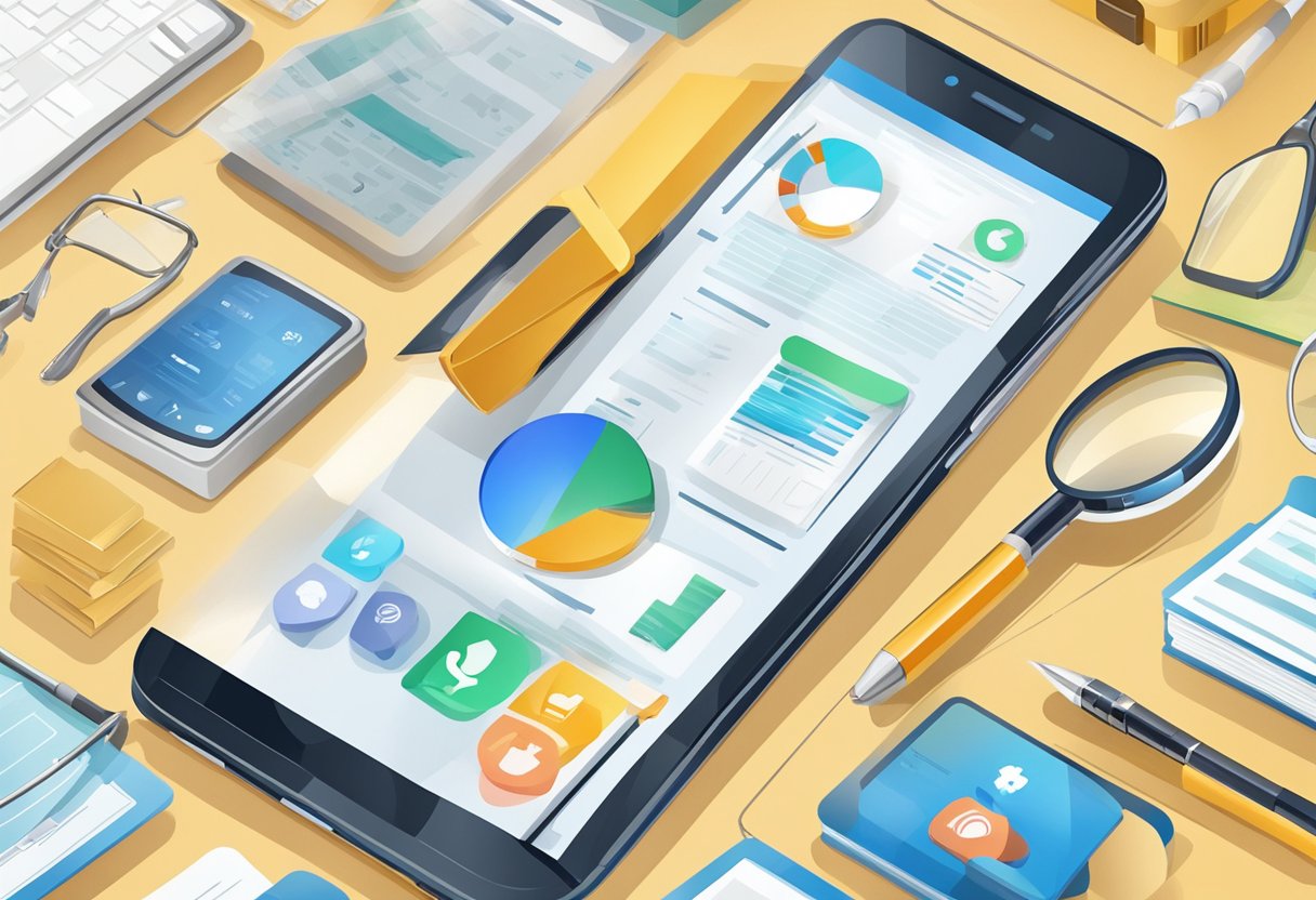 A smartphone surrounded by various insurance options, with a magnifying glass highlighting the best one