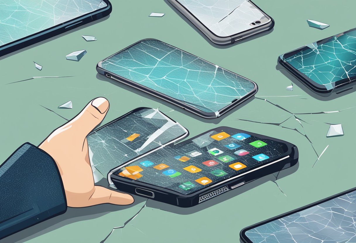 A smartphone lying on a table with a cracked screen, next to a shattered phone case. A hand reaches out to pick up the damaged phone