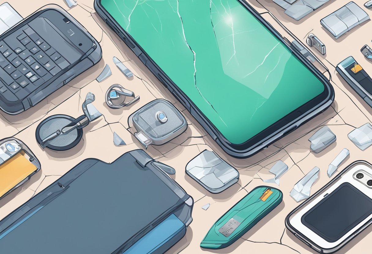 A phone lying on a cracked screen with a broken case, surrounded by various insurance policy options