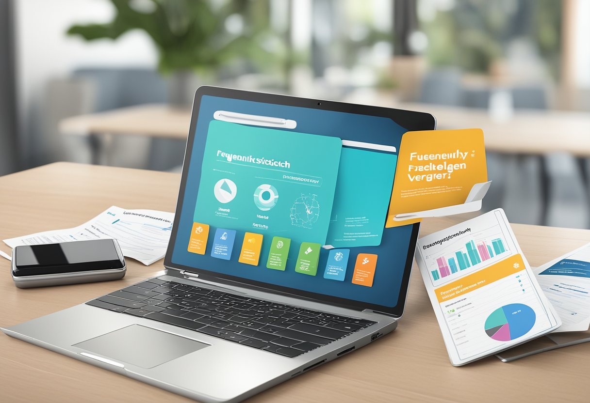 A table with various insurance brochures, a laptop showing a comparison website, and a smartphone with the words "Frequently Asked Questions Handyversicherungen Vergleich" displayed on the screen
