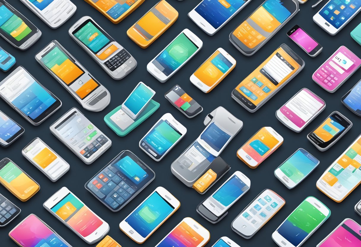 A collection of various mobile devices surrounded by different insurance options, representing the comparison of alternative and special forms of mobile phone insurance