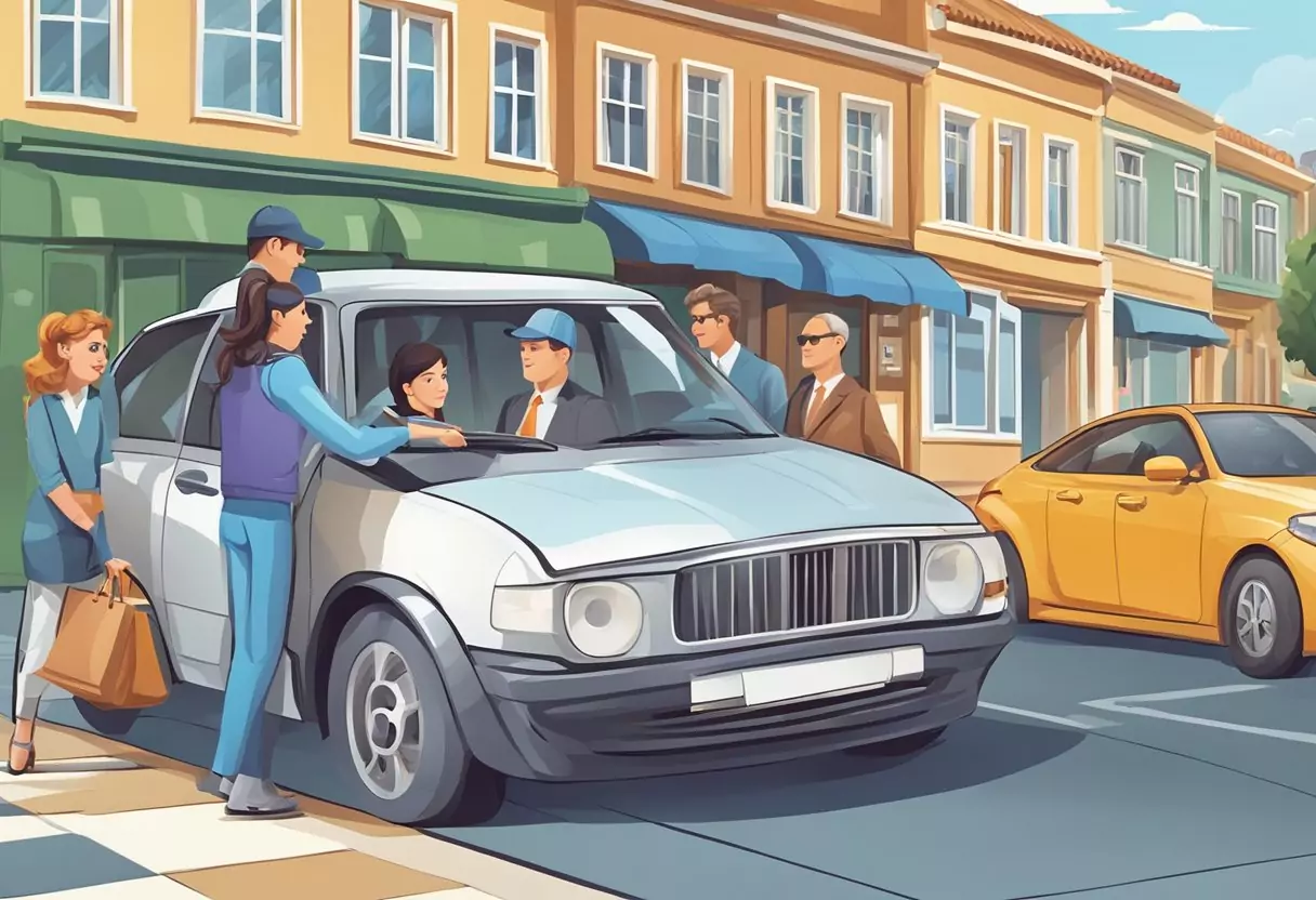 The BarmeniaDirekt car insurance service is depicted through a friendly and helpful customer interaction, with a focus on the company's dedication to providing excellent service