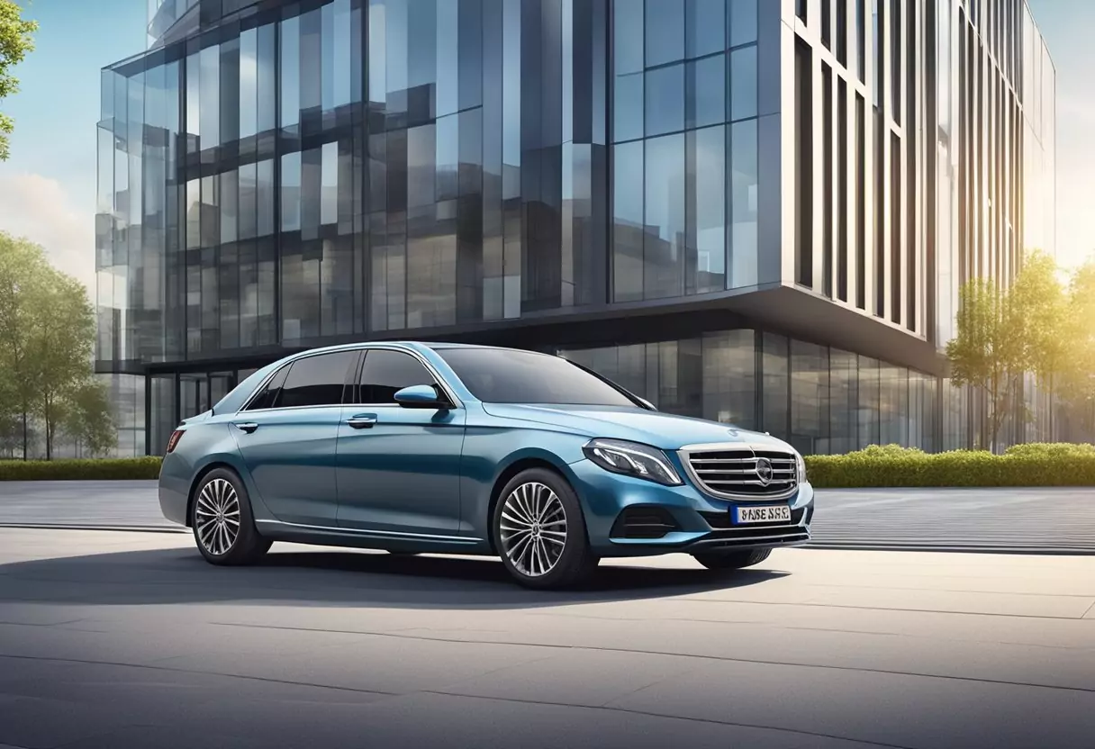 A car with BarmeniaDirekt Kfz insurance logo parked in front of a modern office building