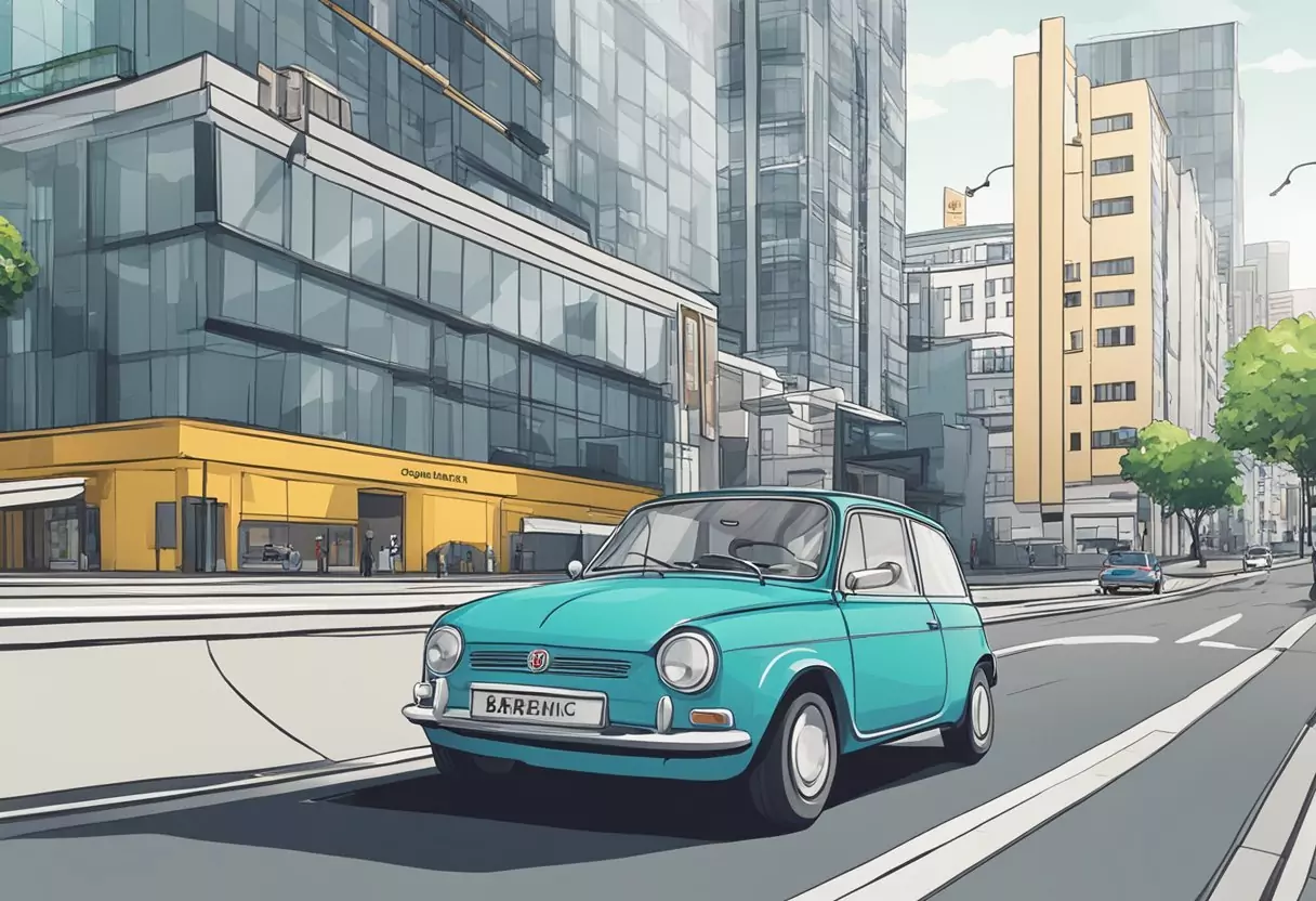 A car driving through a city, with the BarmeniaDirekt logo prominently displayed on a billboard and the car's insurance documents visible in the windshield