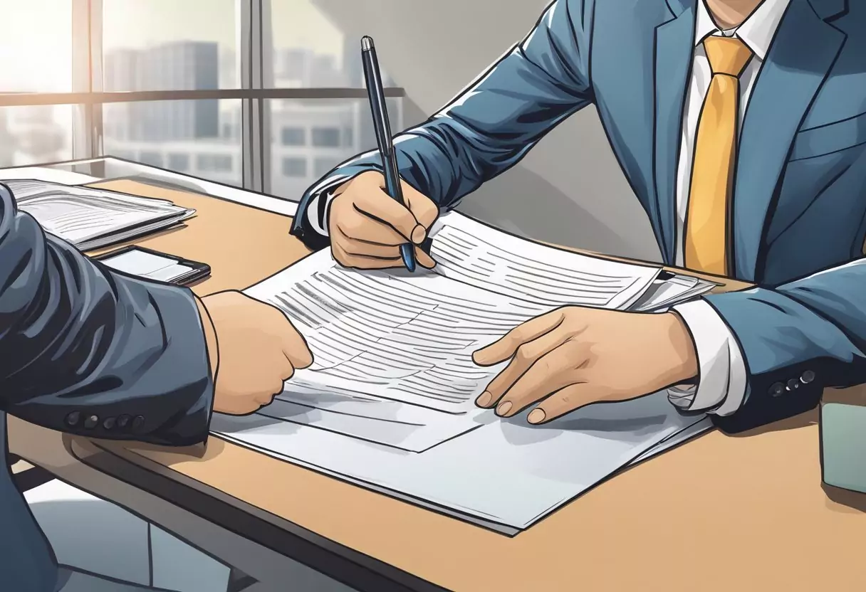 A person signs a legal document with a DA-Direkt Immobilien-Rechtsschutz policy on a desk in a modern office